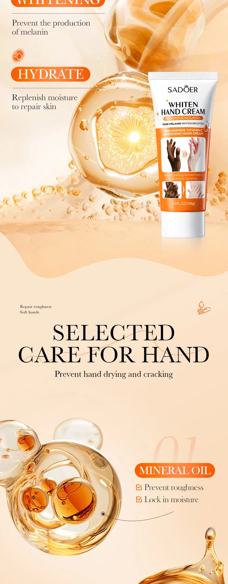 1/2/3pcs SADOER 100g Moisturizing Hand Cream Tender Nourish Non Greasy Brightening Hydrating Beauty Hands Travel Size Skin Care