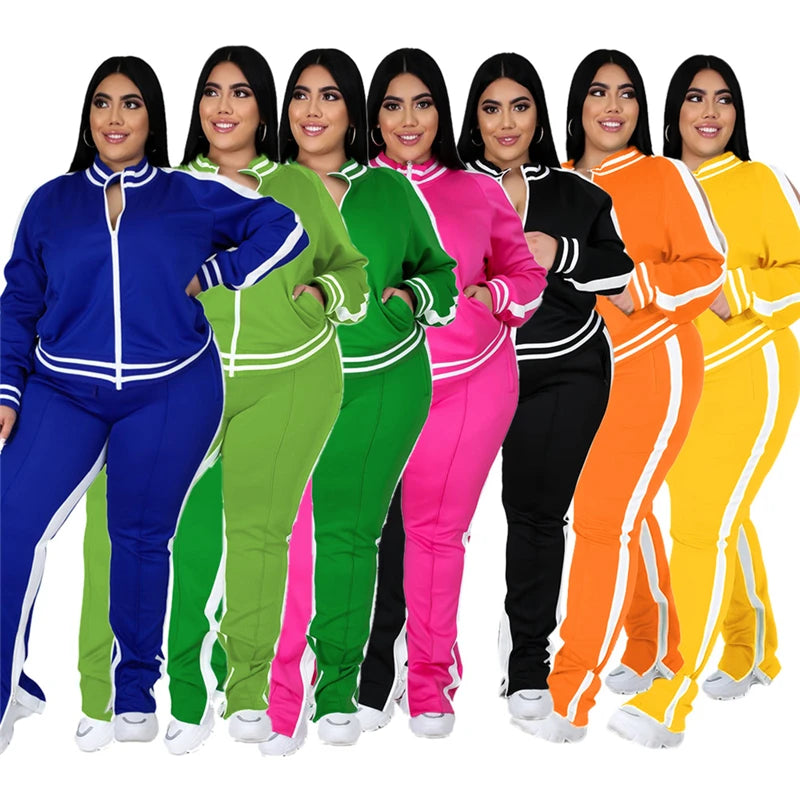 Plus Size L-5XL Two Piece Set Women Sweatsuit Zip Striped Top Slit Sweatpants Jogger Outfit Matching Set Wholesale Dropshipping Secondary image
