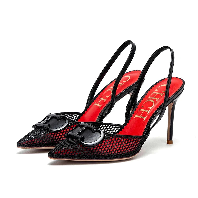 Women's Shoes 2025 Summer Sandals Breathable Mesh Heels Red Luxury Brand Girls Shoes Woman