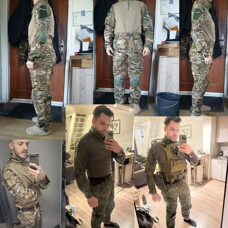 Camo Tactical Sets Outdoor Long Sleeve Wear-resisting T Shirts+Multi-pocket Tactic Cargo Pants Suit Training Workwear Combat Set