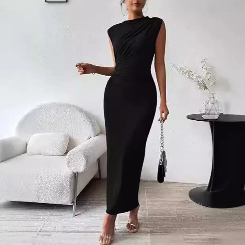 Women Plus Size Elegant Ruched Bodycon Dress Euro Sexy Sleeveless Layering Stretchy Coat Inner Party Outfit Fashion Basic Dress Main image