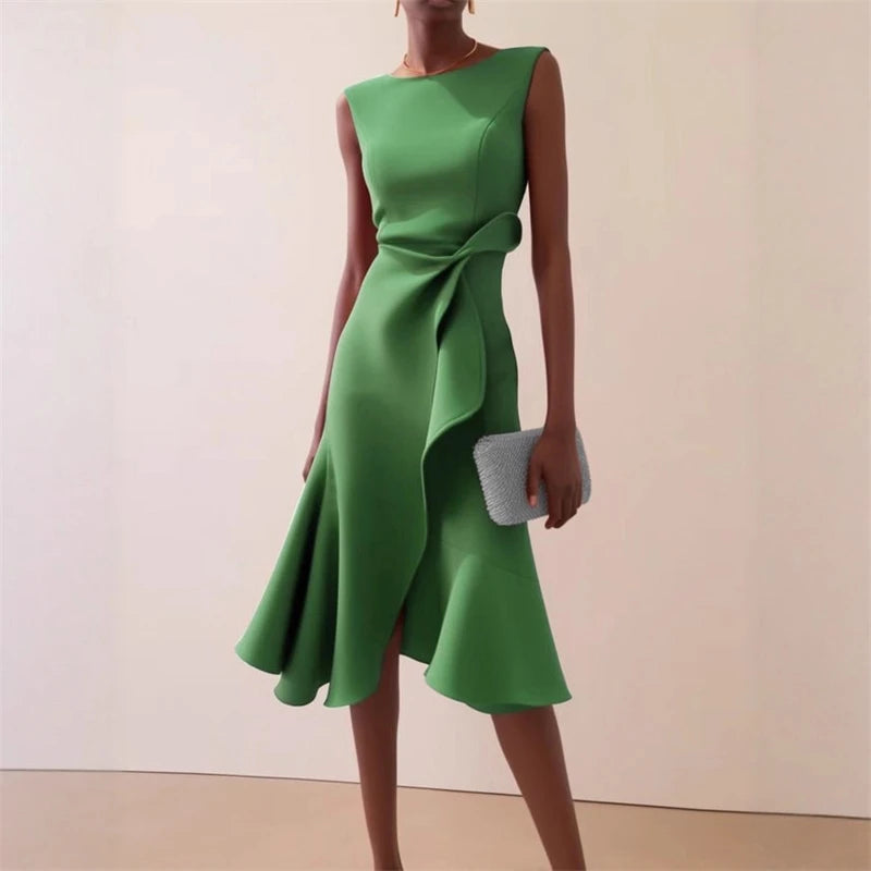 Women Sleeveless Solid Color Round Neck Midi Dress Elegant Slim Fit Formal Party Outfit Fashion 2025 New Arrival Secondary image