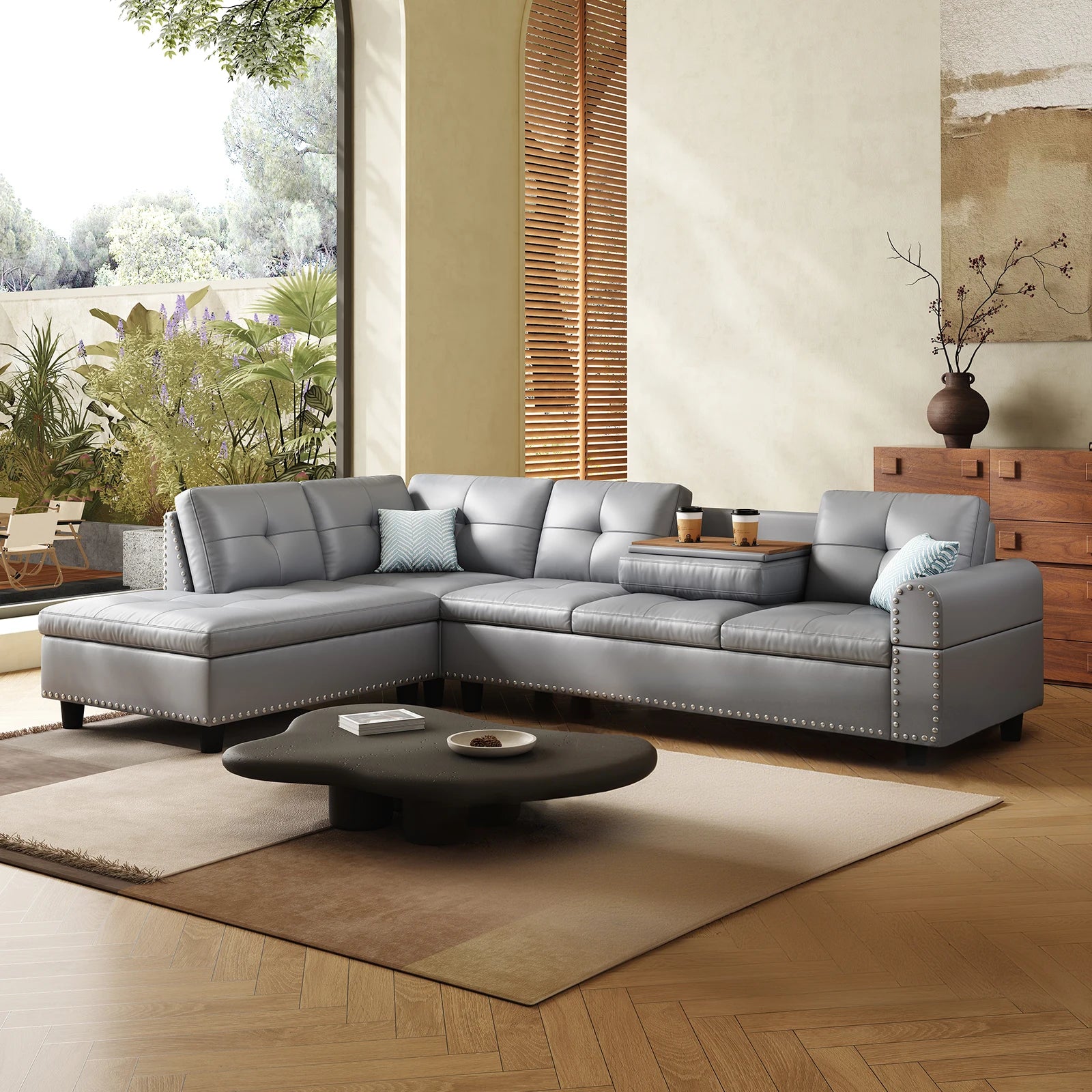 97.5" Faux Leather Sectional Sofa with Chaise Lounge, 2 Cup Holders & Pillows, 6-Seater Upholstered Tufting Corner,Stylish and C