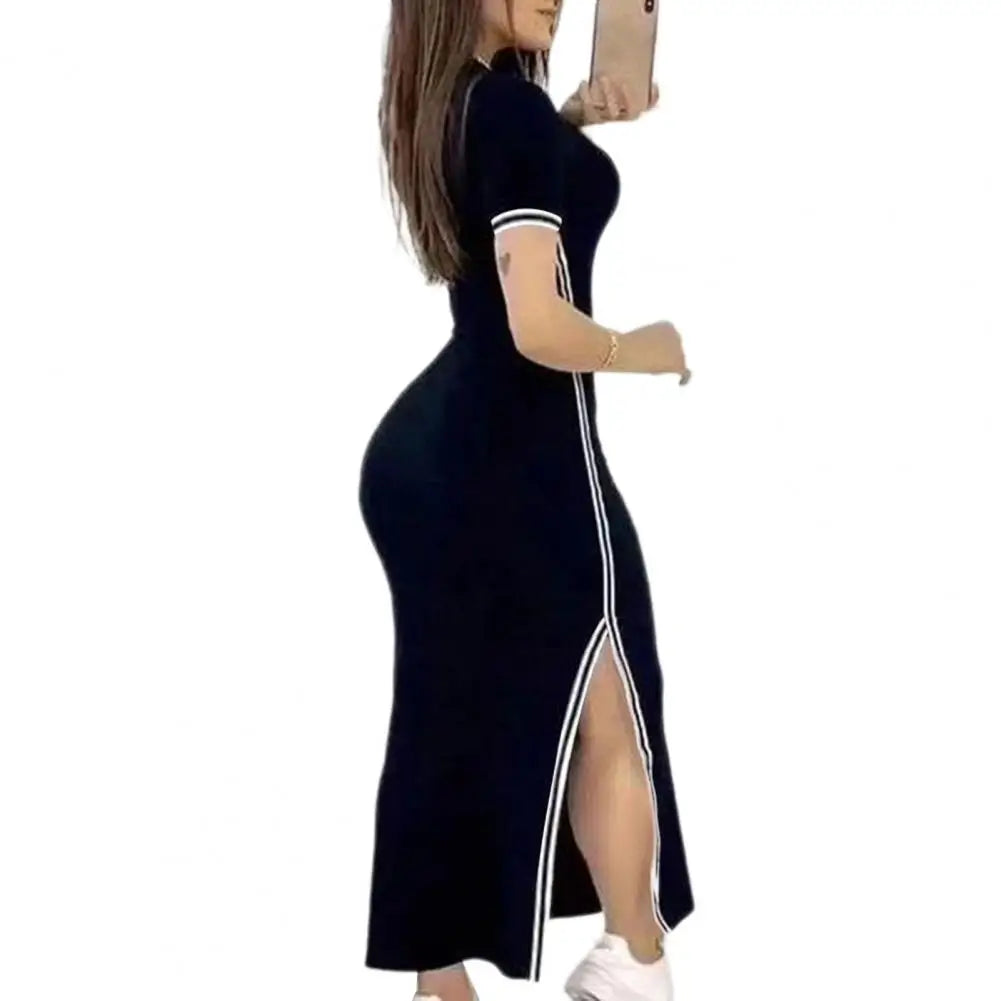 Elegant Summer Women Dress O Neck Side Slit Slim Solid Color Short Sleeves Striped Skinny Maxi Dress Secondary image