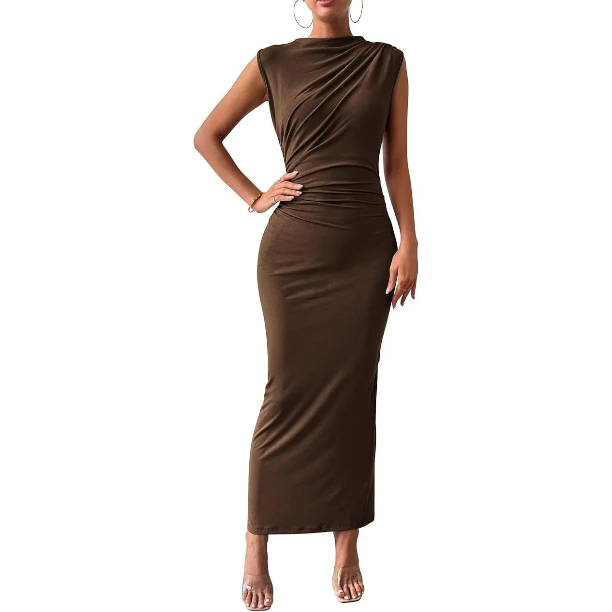 Women Plus Size Elegant Ruched Bodycon Dress Euro Sexy Sleeveless Layering Stretchy Coat Inner Party Outfit Fashion Basic Dress