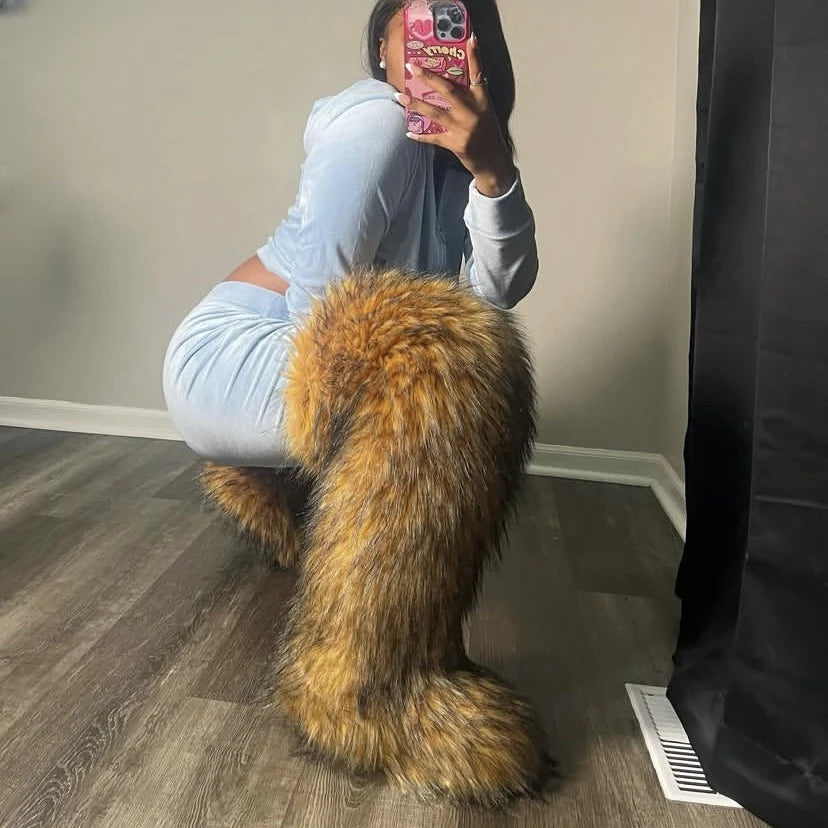 Women's Thigh High Mongolian Boots High Boots Winter New Fox Fur Snow Boots  Women's Boots Leg Warm Boots Non-Slip Soles