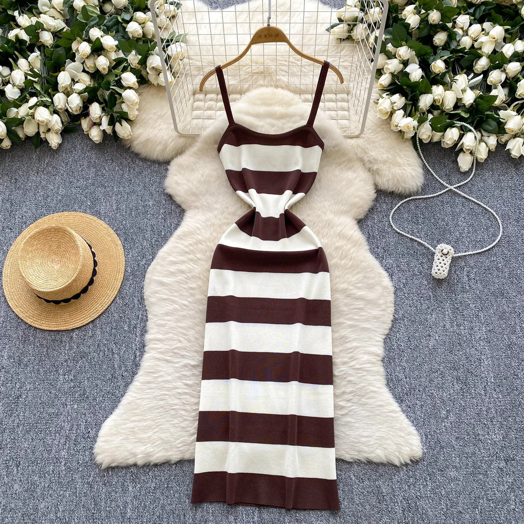 Lady New Stripes Ins Fashion Sexy Package Hips Bodycon Dress  Summer Knitted Spaghetti Straps Outfits Maxi Long Women Dress