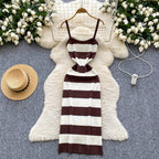 Lady New Stripes Ins Fashion Sexy Package Hips Bodycon Dress  Summer Knitted Spaghetti Straps Outfits Maxi Long Women Dress
