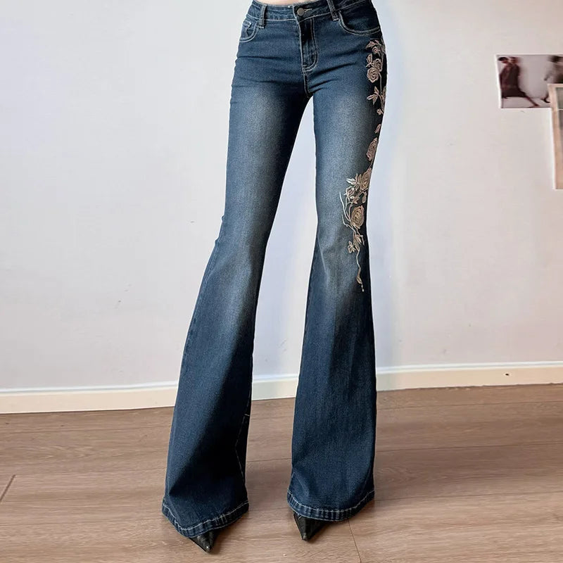 Flare Pants Jeans Women Embroidery Boot Cut Low Waist Washed Distressed Pockets Floor Length Streetwear 2025 Denim Trousers Secondary image