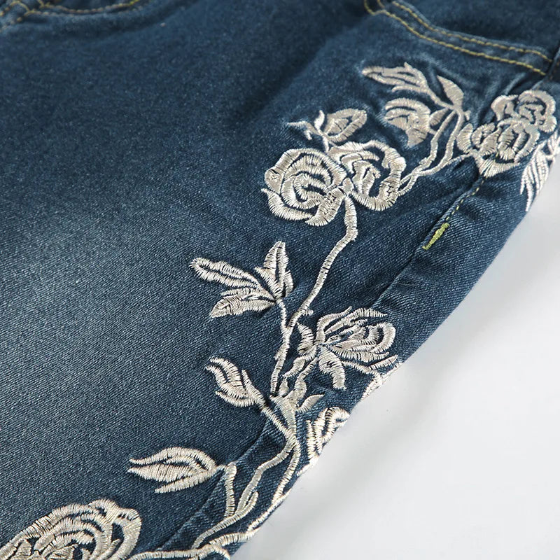 Flare Pants Jeans Women Embroidery Boot Cut Low Waist Washed Distressed Pockets Floor Length Streetwear 2025 Denim Trousers