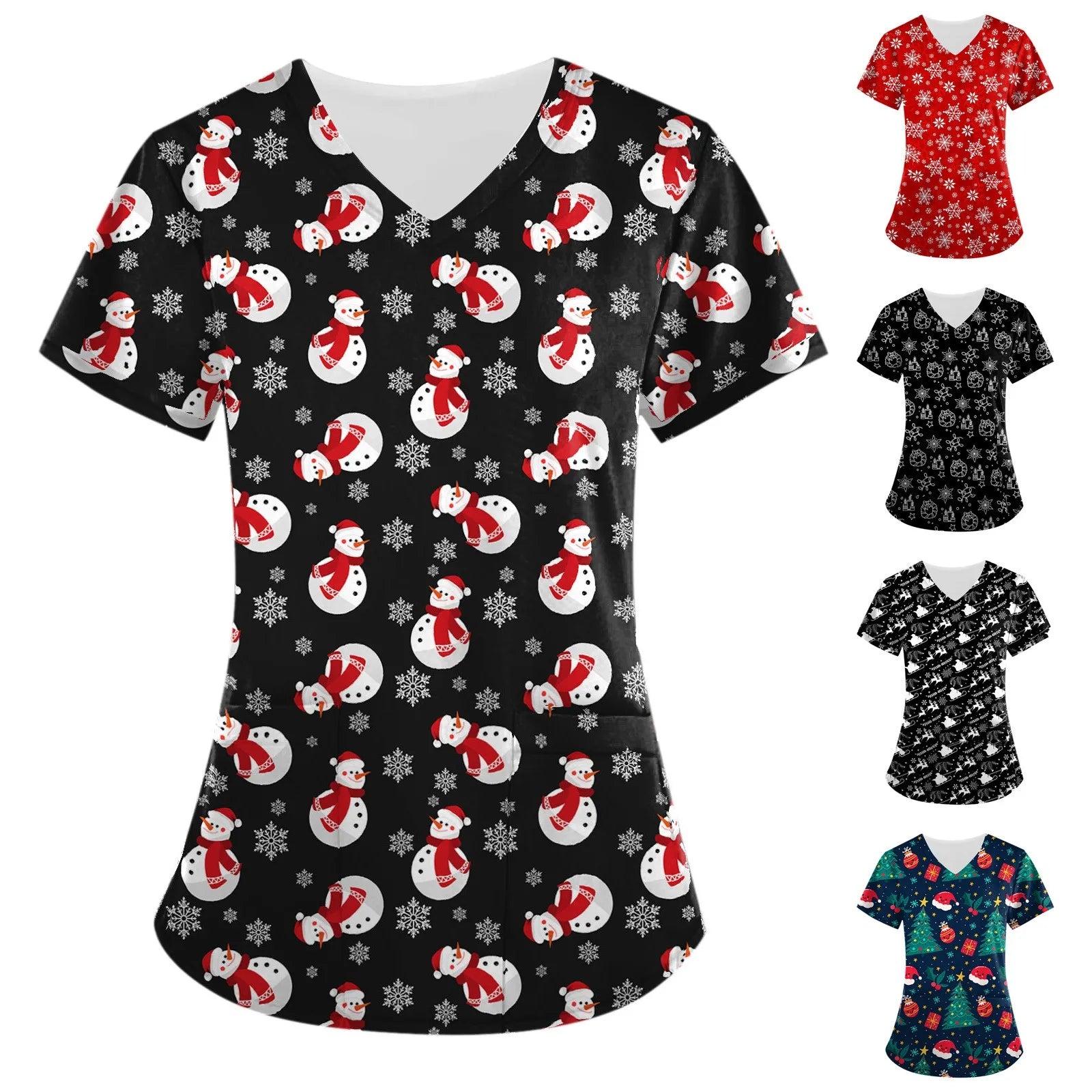 Christmas Clinical Uniform Woman Cartoon Print Uniforms Casual V-Neck Nurse Uniform Woman Tops With Pocket Scrub Tops Secondary image