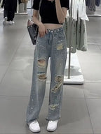 Female Cowboy Pants with Rhinestones Women's Torn Jeans High Waist Shot Wide Leg Trousers Summer Unique Shiny Original Pant 90s