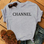 100% pure cotton summer loose-fitting CHANNEL letter print casual fitted round-neck short-sleeve t-shirt top