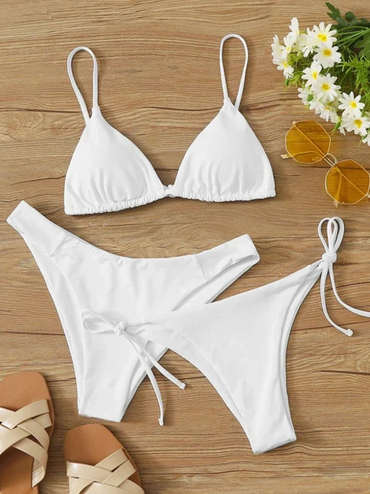 Sexy 3 Pieces Set Swimwear Women Lace Up Micro Bikini Set Female Solid Low Waist Swimsuit Beachwear Bathing Suit