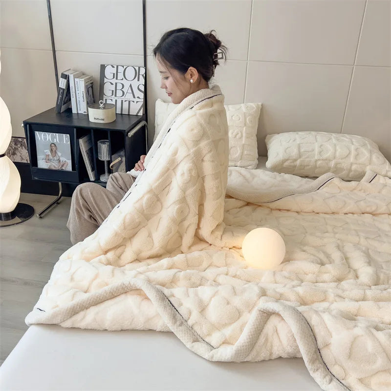 Solid Color Taffeta Velvet Carved Blanket Thick Double-Sided Plush Multifunctional Blanket Office Nap Quilt for All Seasons