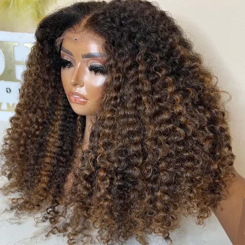 26 Inch Highlight Brown 180Density Glueless Synthetic Kinky Curly Long 13*4*1 Lace Front Wig For Women Babyhair PrePlucked Daily Secondary image
