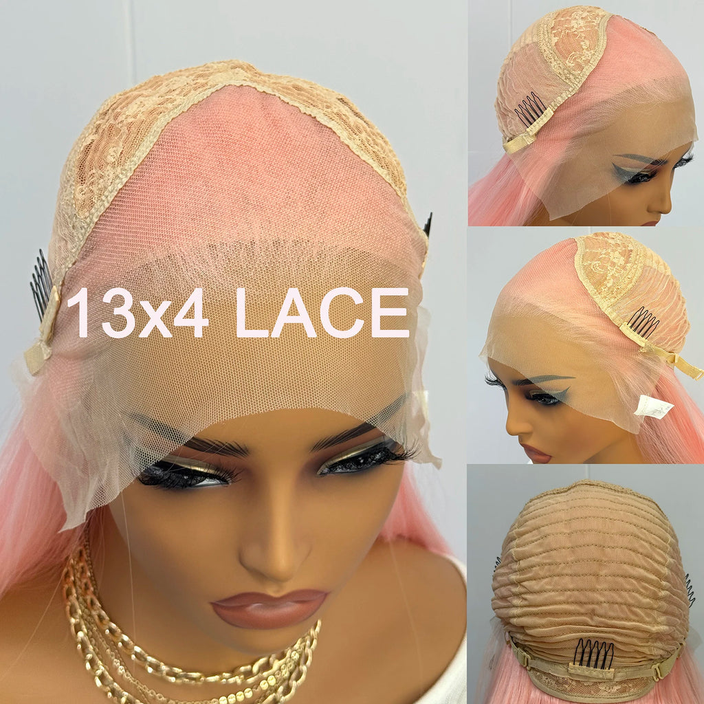Light Pink Lace Wig 13x4 Long Straight Synthetic Lace Front Wigs for Women Heat Resistant Natural Hairline Daily Cosplay Party