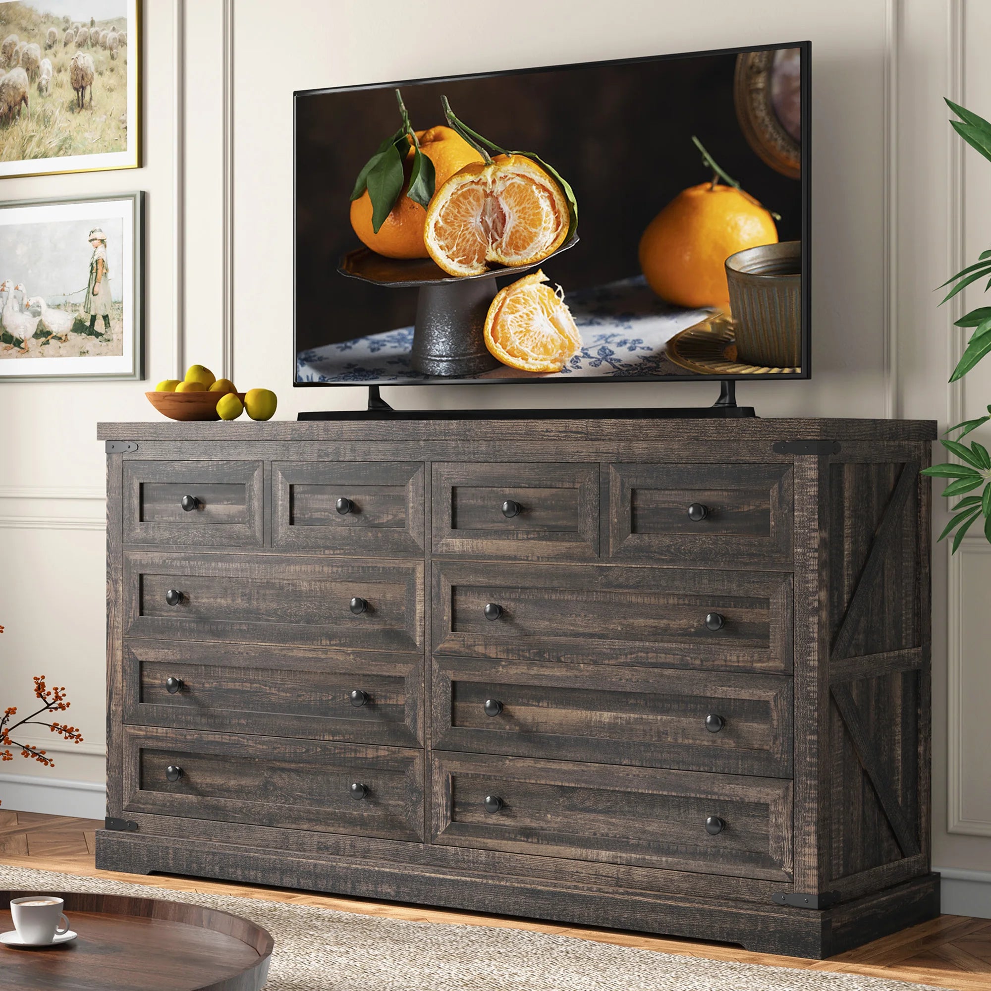 EnHomee 10 Drawer Large Antique Farmhouse wood Dresser and TV Stand with Smooth Metal Rail for Bedroom Storage Secondary image
