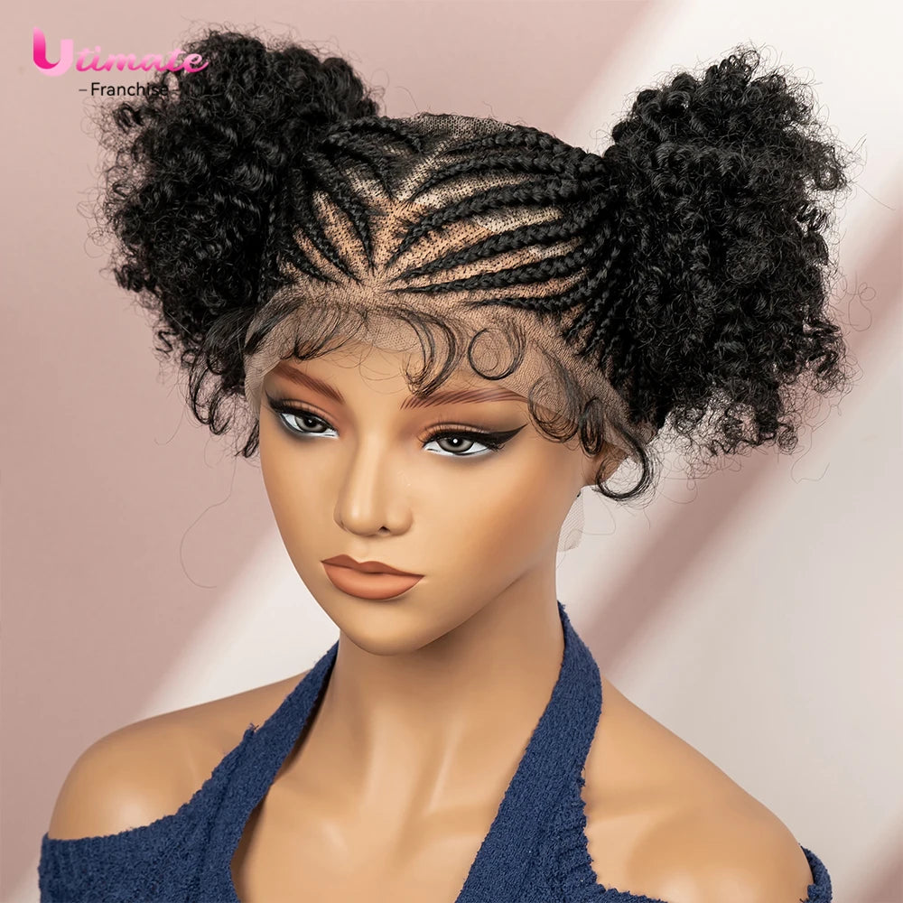 6 Inch Afro Cornrow Braided Wigs with Baby Hair Synthetic Full Lace Braid Wig Double Ponytail Bun Head Knotless Wig Main image