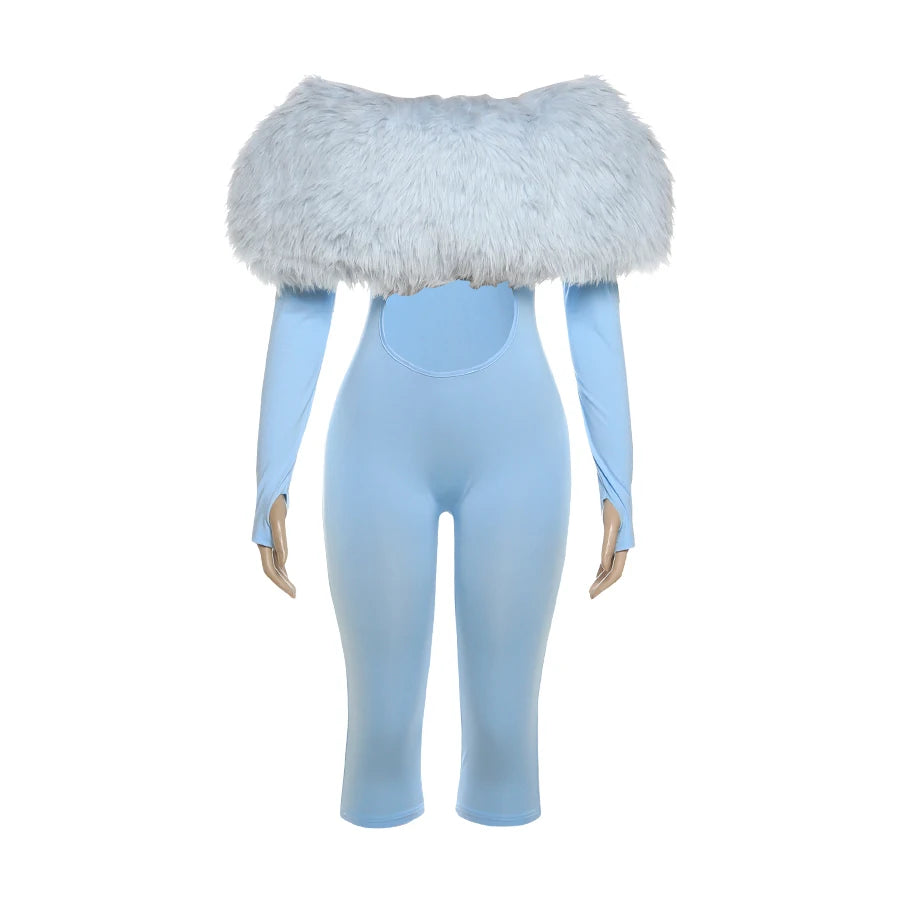Sisterlinda Furry Patchwork Jumpsuit Woman Slash Neck Sexy Hollow Full Sleeve Backless Peach Hip Hottie Street Fashion Overalls