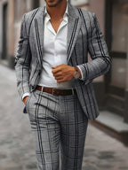 European American Style Men's Business Fashion High Quality Grey Two-Piece Suit Plaid Print Casual Style