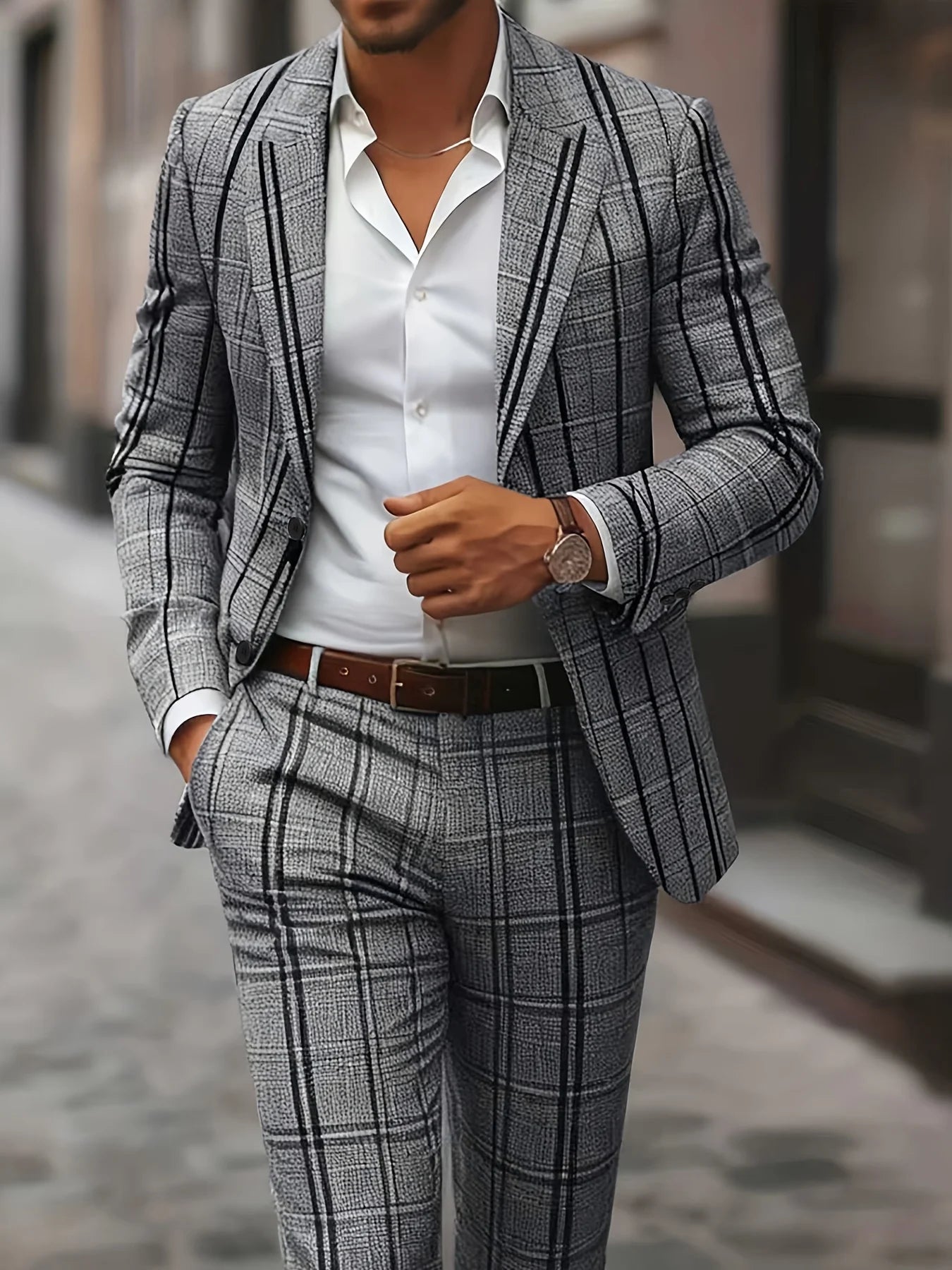 European American Style Men's Business Fashion High Quality Grey Two-Piece Suit Plaid Print Casual Style Main image