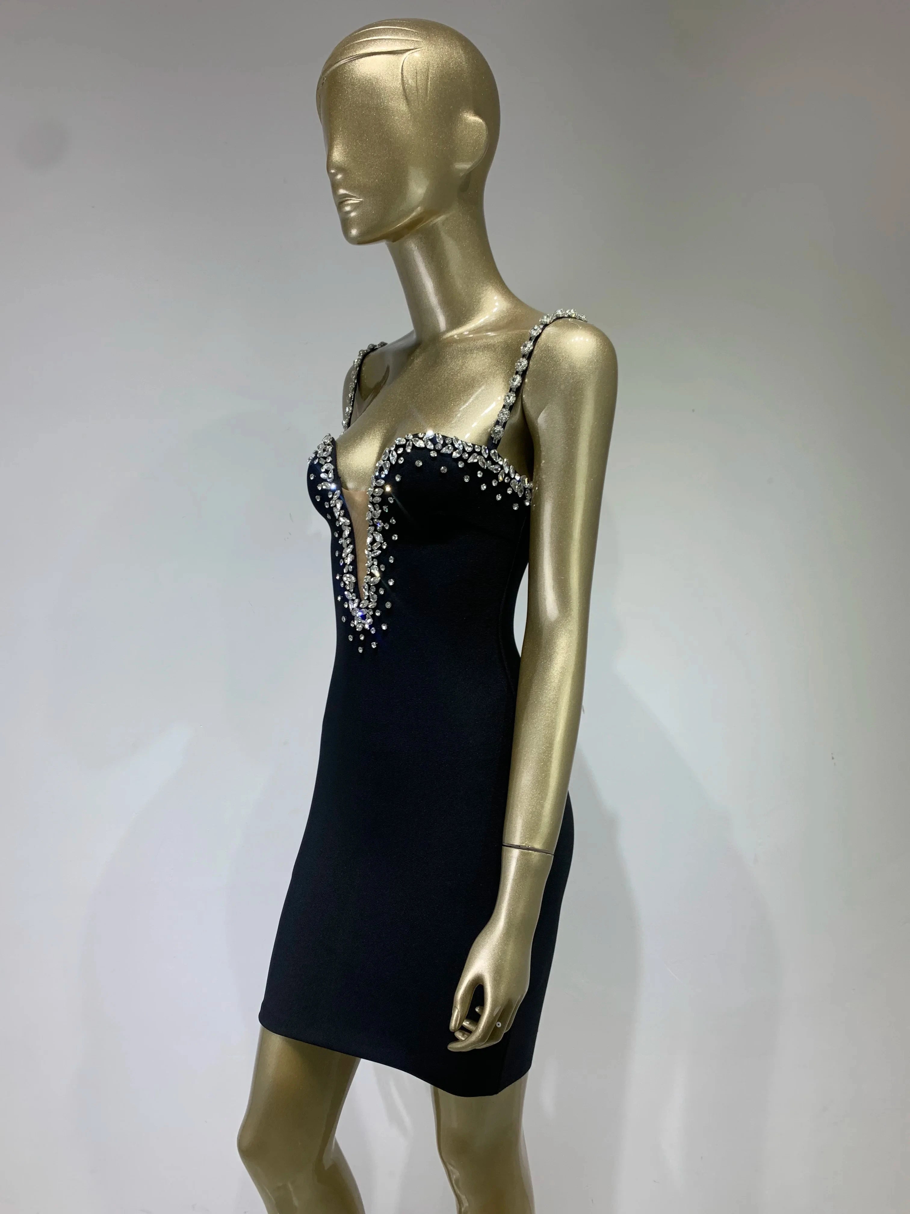 Women's Sexy V Neck Beading Diamonds Black Mini Bodycon Bandage Dresses 2026 Summer Fashion Elegant Evening Cocktail Party Dress