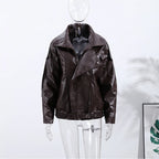 Vintage Zippers Short Leather Jackets Women's Casual Lapel Button Pockets Full Sleeve Coat 2025 Autumn New Lady Chic Streetwear