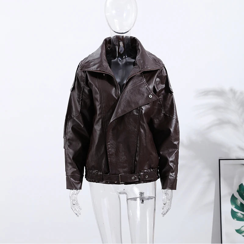 Vintage Zippers Short Leather Jackets Women's Casual Lapel Button Pockets Full Sleeve Coat 2025 Autumn New Lady Chic Streetwear