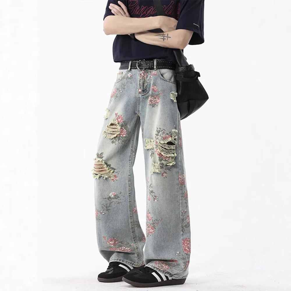 Vintage Cute High Waisted Straight Leg Jeans Casual Y2K Flower Printed Fringe Ripped Streetwear Denim Pants