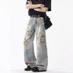 Vintage Cute High Waisted Straight Leg Jeans Casual Y2K Flower Printed Fringe Ripped Streetwear Denim Pants