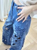 Summer Women Jeans Floral Embroidery Straight Trousers Designer Streetwear Casual Hollow Out Vintage High Waist Denim Long Pants