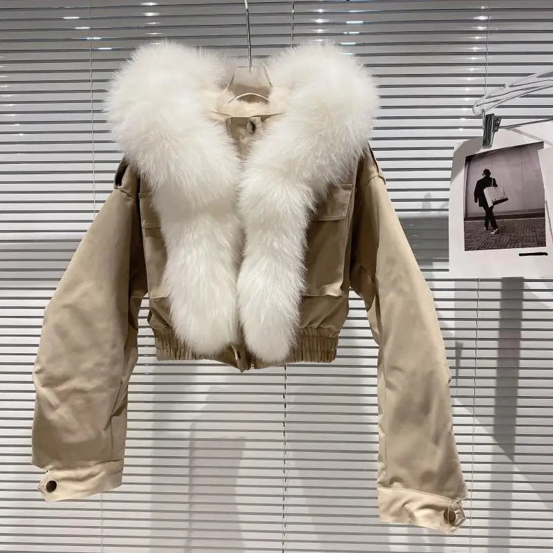 Big Fox Fur Collar Removable Rabbit Liner Short Coat Jacket for Women Winter Elastic Hem Hooded Jackets Wram Fashion Outwear