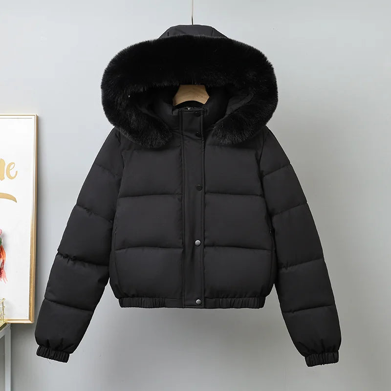 Winter Short Parkas Women's Cotton-padded Clothes Add Velvet Thicken Outerwear Fur Collar Removable Hooded Coats Warm Jackets