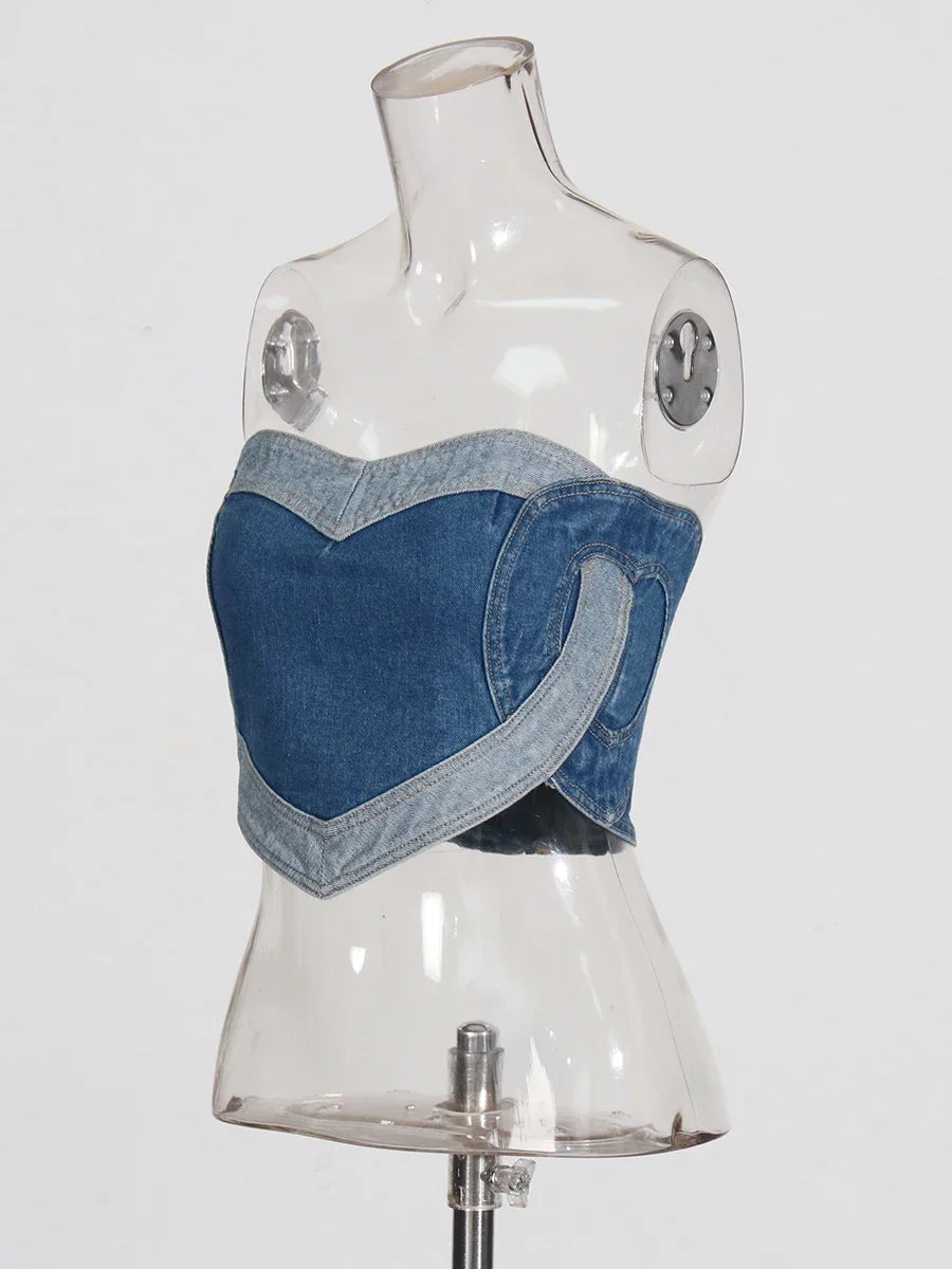 TWOTWINSTYLE Soild Two Piece Sets for Women Straplelss Sleeveless Vest High Wiast Patchwork Hollow Out Jeans Elegant Set Female