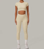 Gym Workout Yoga Fitness Sports Suit Short-sleeved Top Padded-free High-waisted Hip-lifting Trousers Outdoors Leisure Sportswear