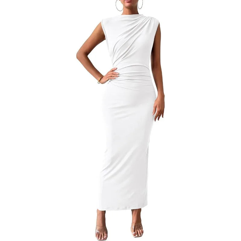 Women Plus Size Elegant Ruched Bodycon Dress Euro Sexy Sleeveless Layering Stretchy Coat Inner Party Outfit Fashion Basic Dress