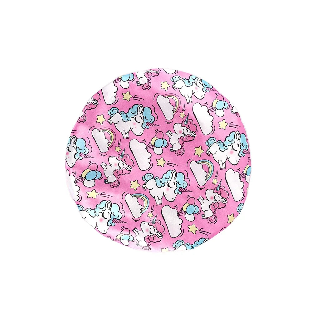 New Baby Unicorn Cartoon Print Satin Night Sleep Cap Elastic Wide Band Bonnet Hair Cover Hat Beanie Salon Bath Spa Shower Caps