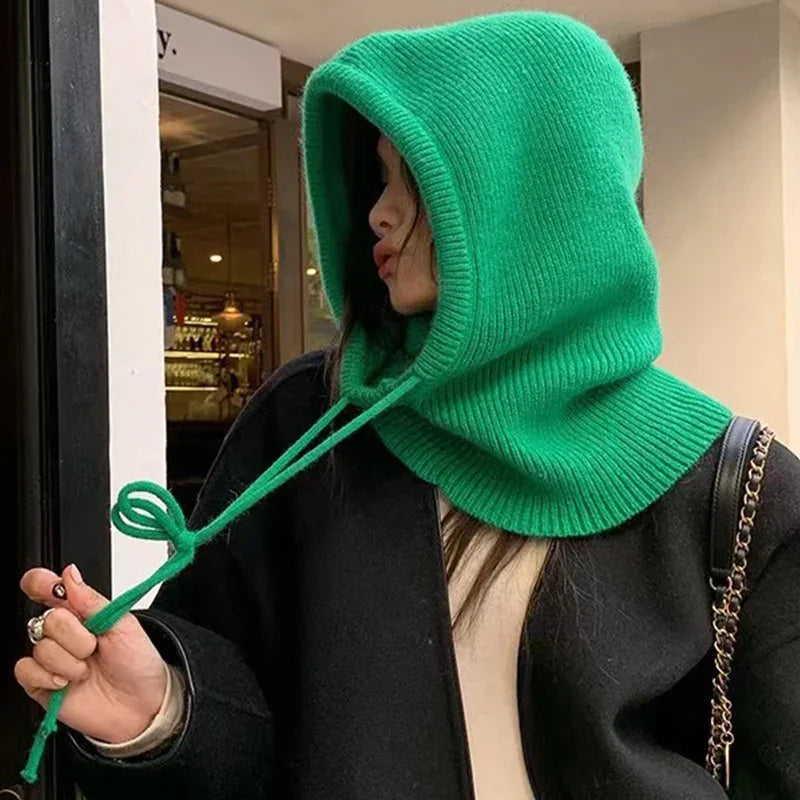 Knitted Hooded Caps Winter Balaclava Hats Women Korean Style Outdoor Warmer Drawstring Hats One-piece Neck Collar Beanies Cap Main image