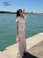 Flutter Sleeves Slim Long Dress Women Casual Pleated Deep V-neck Floral Print High Waist Dresses 2026 Lady Summer Holiday Wear