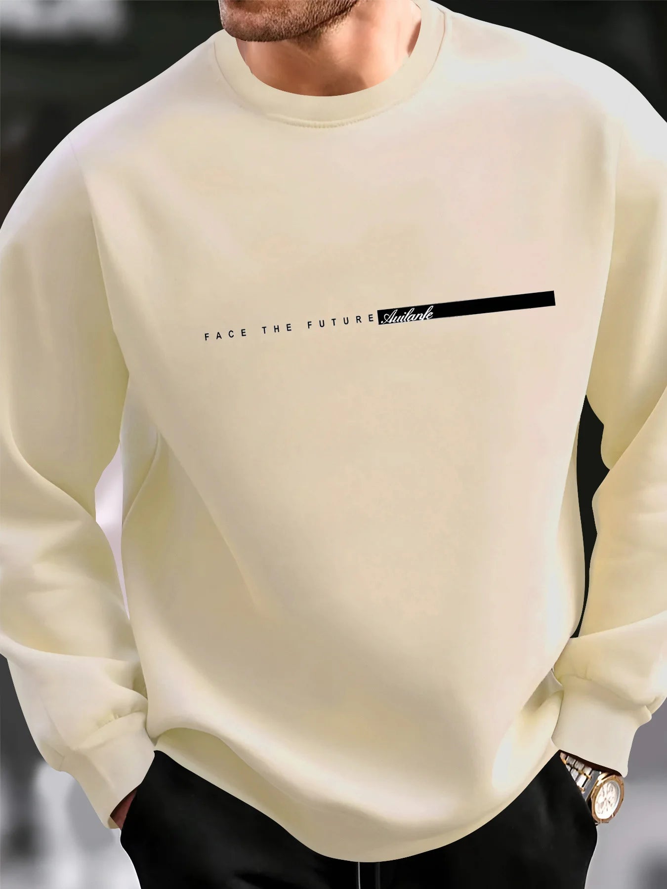 Men's autumn and winter fashionable casual loose FACE THE FUTURE graphic printed long sleeved round neck sweatshirt Main image
