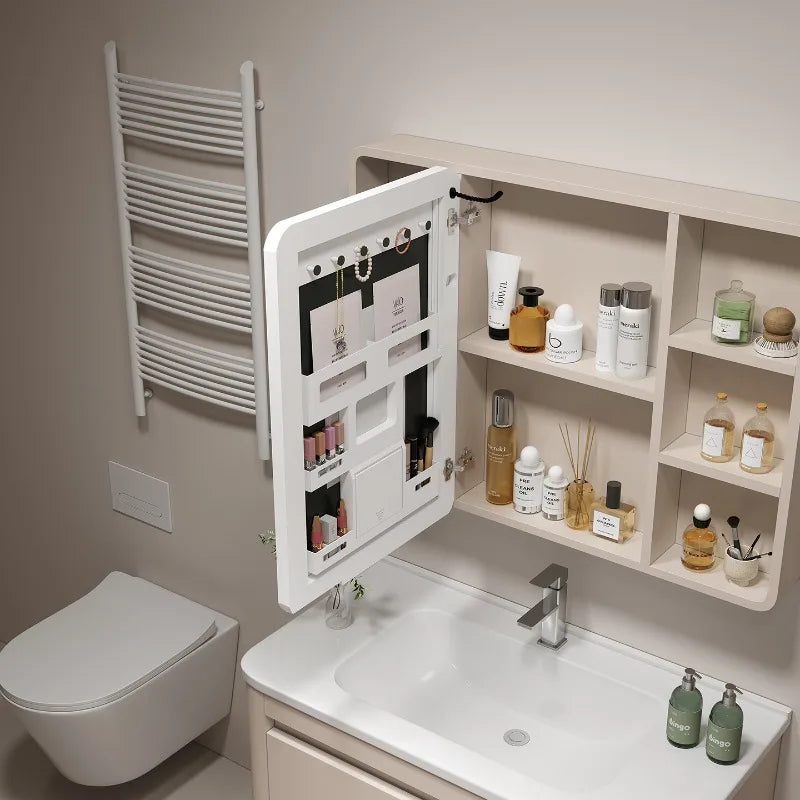 ‌Smart Corner Round Space Aluminum Mirror Cabinet, Wall Mounted Bathroom Storage with Shelves,Medicine Cabinet  Vanity Organizer