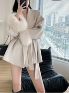 Elegant Lace Up Woolen Short Coat Solid Loose Lapel Furry Belt Long Sleeve Jacket Female 2025 Autumn Winter Lady Chic Cardigan