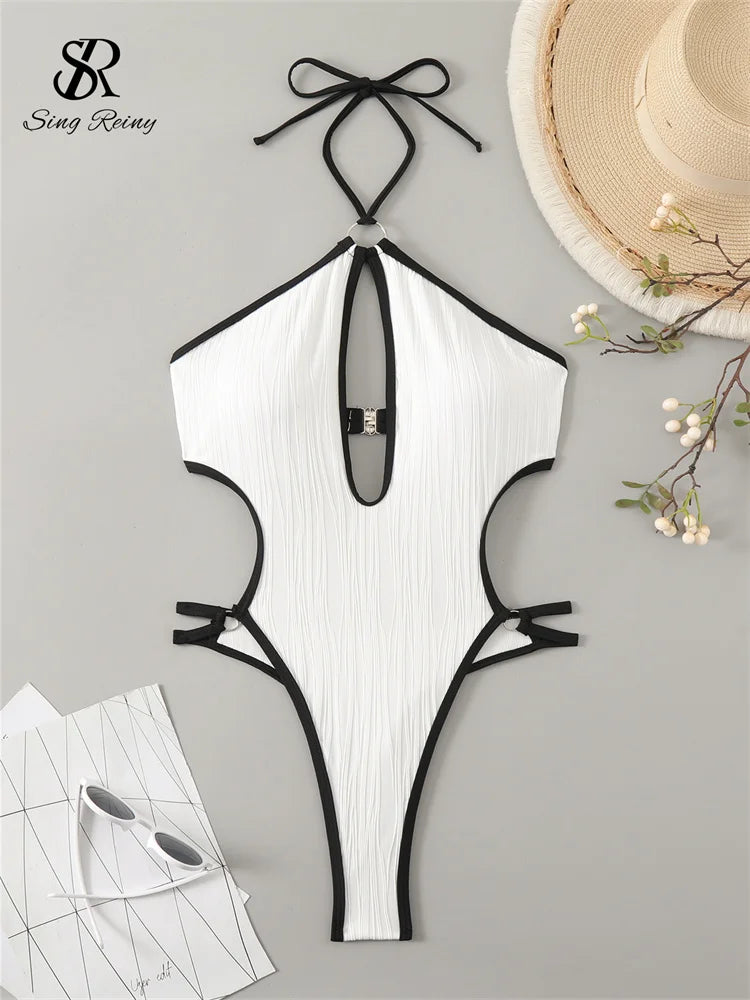 SINGREINY Hollow Out Halter Bikini Swimsuits Irregular Sheath Short Bodysuits Fashion Women Backless Beach Style Sexy Playsuits