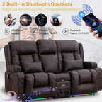 2-Seater Brown Home Theater Recliner Sofa with LED Lights, AC/USB Ports, Cup Holders, Electric Controls, Bluetooth Speaker, Mass