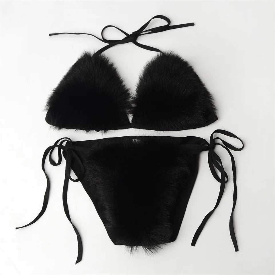 Summer Women Fake Fox Fur Sexy Halter Solid Color Bikini Set Swimsuits Triangle Sexy Bikini Set Faux Fur Swimsuit Plush Swimwear