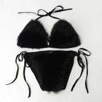 Summer Women Fake Fox Fur Sexy Halter Solid Color Bikini Set Swimsuits Triangle Sexy Bikini Set Faux Fur Swimsuit Plush Swimwear