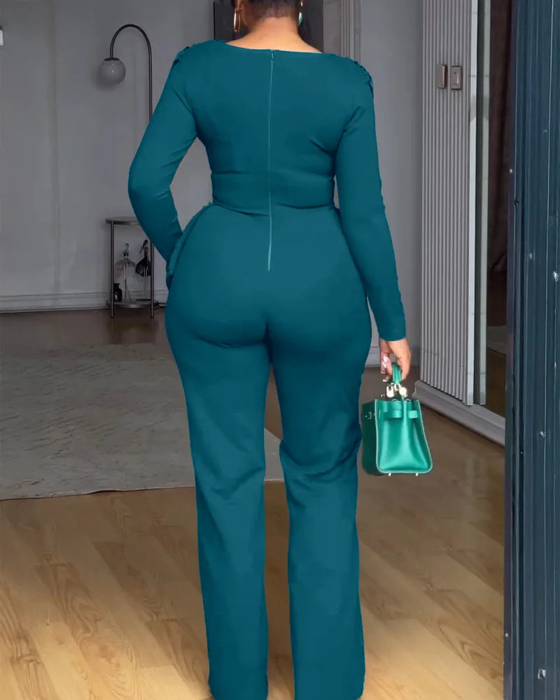 Swing Collar Ruched Jumpsuit Long Sleeve Solid Elegant Office Ladies Asymmetric Hem Autumn Casual Vintage Ruched Slim Rompers