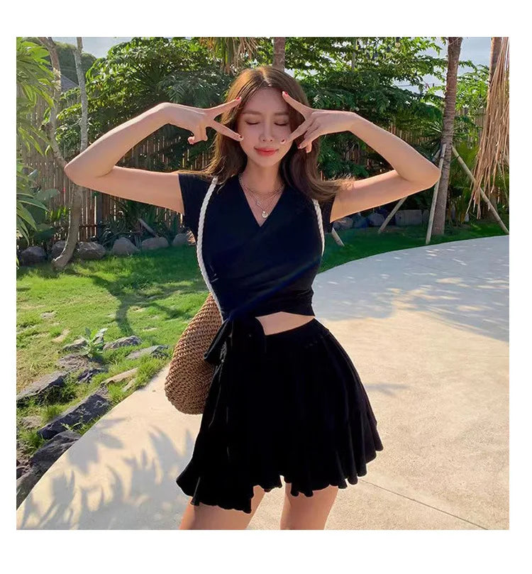 Women'sSwim Set Ribbed V Neck Wrap Crop Top With Tie Waist And Ruffled Flared Skirt Cover Up Modest Summer Bathing Suit Swimwear