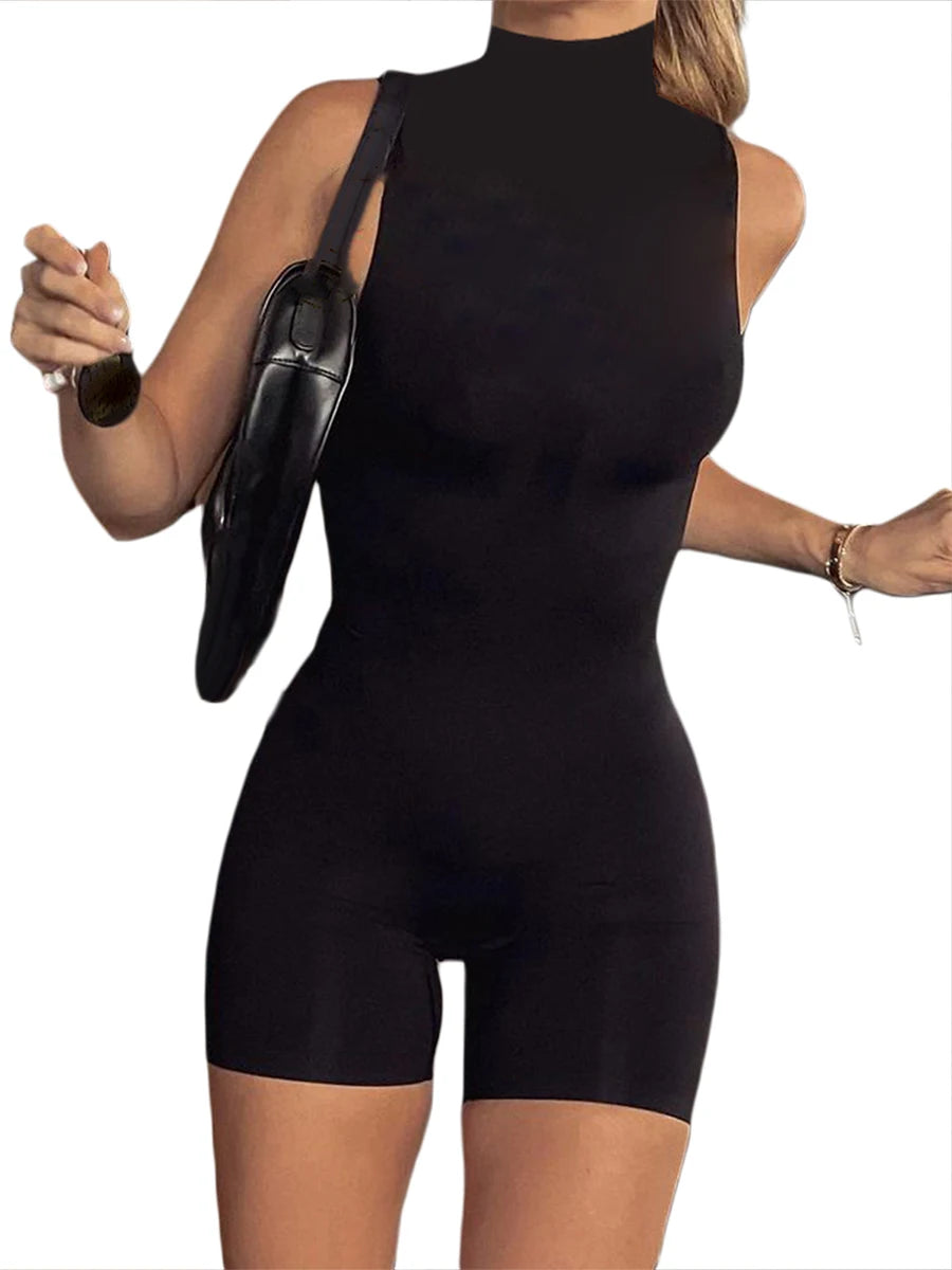 Women Summer Bodycon Jumpsuit Playsuits Mock Neck Sleeveless Skinny Short Romper Skinny Sport Bodysuit
